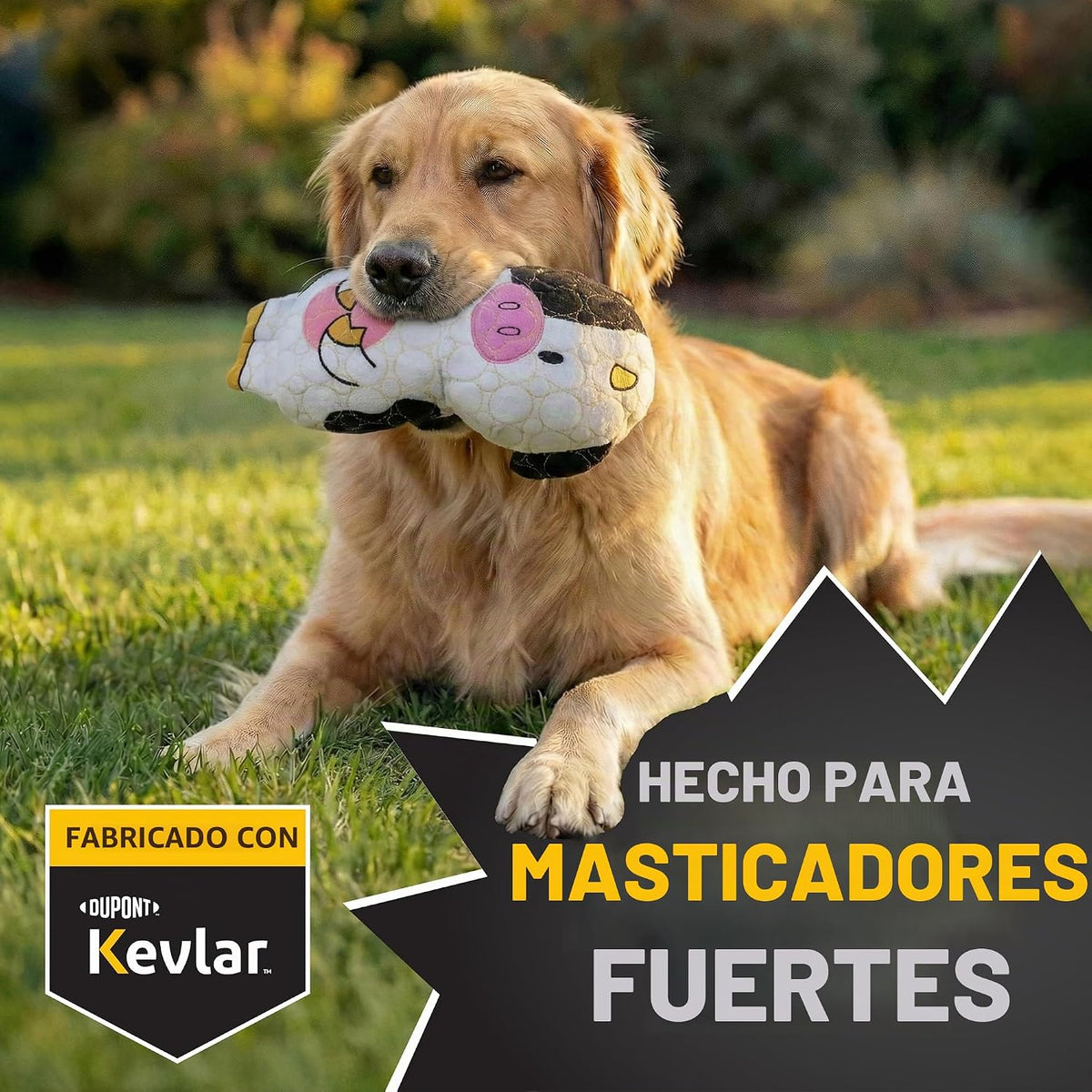 Bite Force - Juguetes de perro duraderos y resistentes con forma de vaca y silbato, reforzados con Kevlar para perros masticadores agresivos de raza pequeña, mediana y grande - Blanco y rosa.