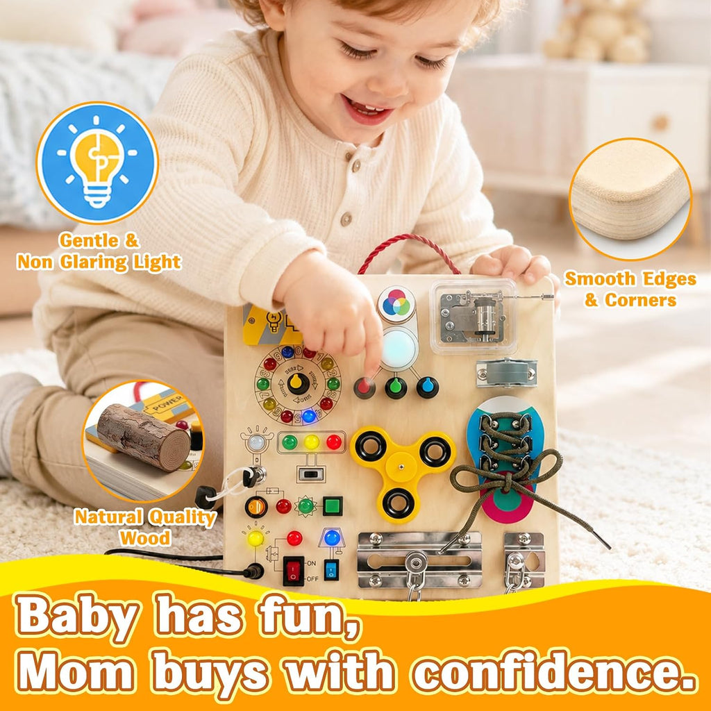 Tablero de actividades con interruptores de luz LED, juguetes Montessori para niños pequeños de 1 a 3 años, tablero de actividades sensoriales de madera, juguete de aprendizaje de viaje para niños y