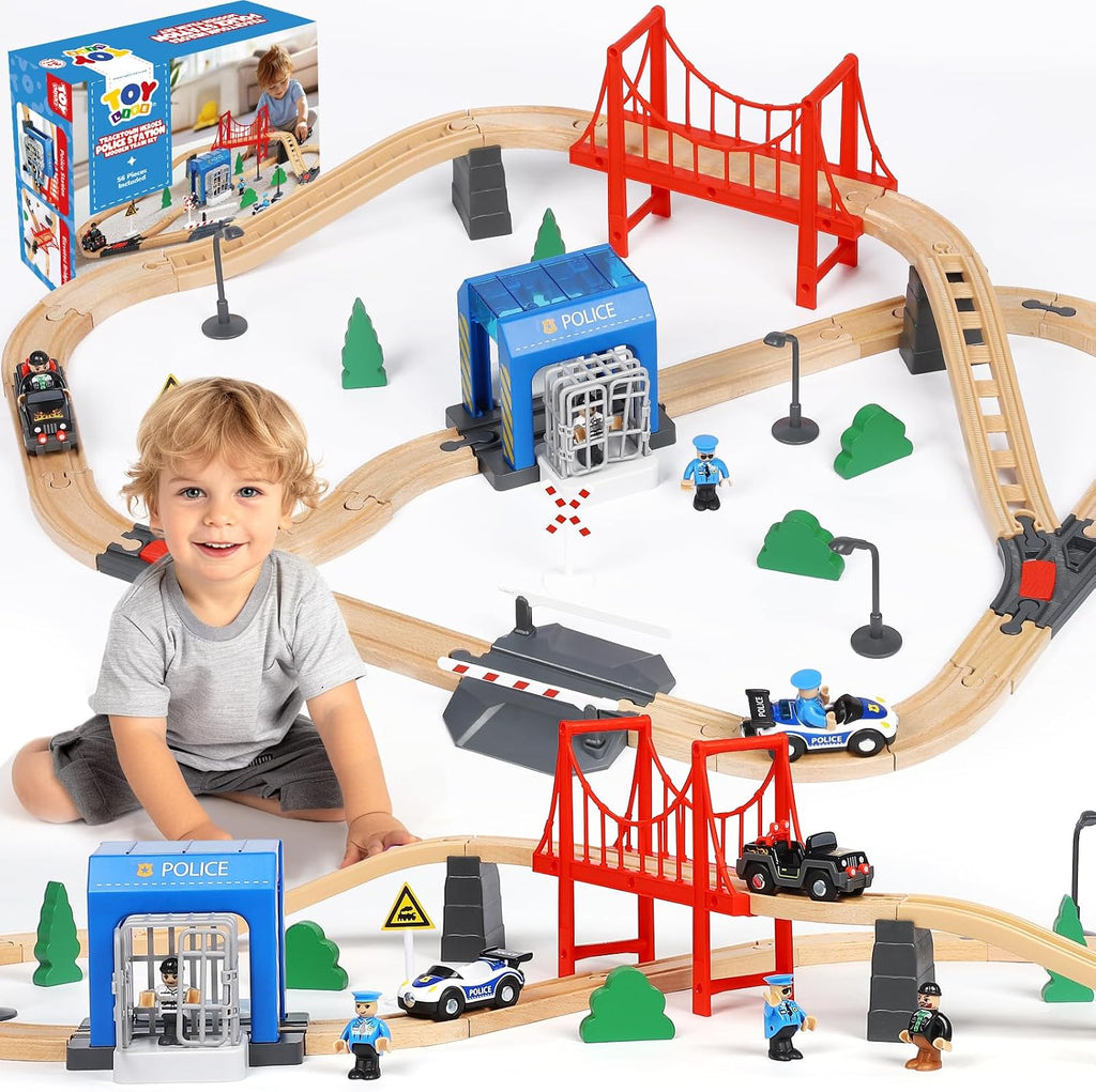 TOY Life - Juego de tren de madera, 56 piezas, juego de rieles de tren de madera, juguetes para niños de 3