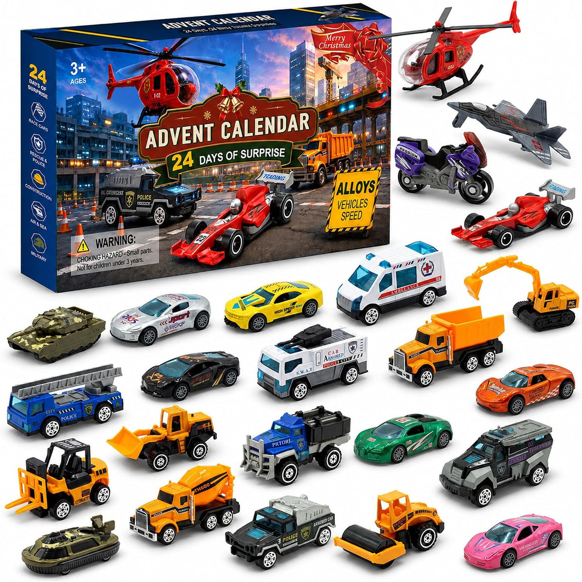 Alloy Cars - Calendario de Adviento 2026 para niños, 24 piezas, calendario de cuenta regresiva de juguete fundido a presión, regalo de Navidad, caja sorpresa para niños y niñas de 3, 4, 5, 6, 7, 8