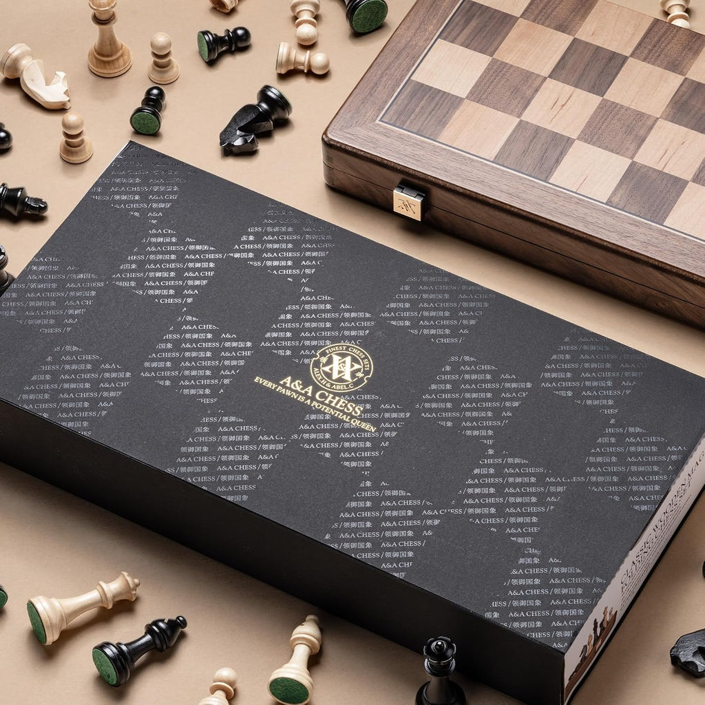 A&A Juego de mesa de ajedrez premium, tablero de ajedrez de madera de 15 pulgadas y piezas de ajedrez únicas de altura King de 3 pulgadas con 2 reinas adicionales, juego de ajedrez de viaje portátil para adultos y niños (nogal natural, 15 pulgadas)