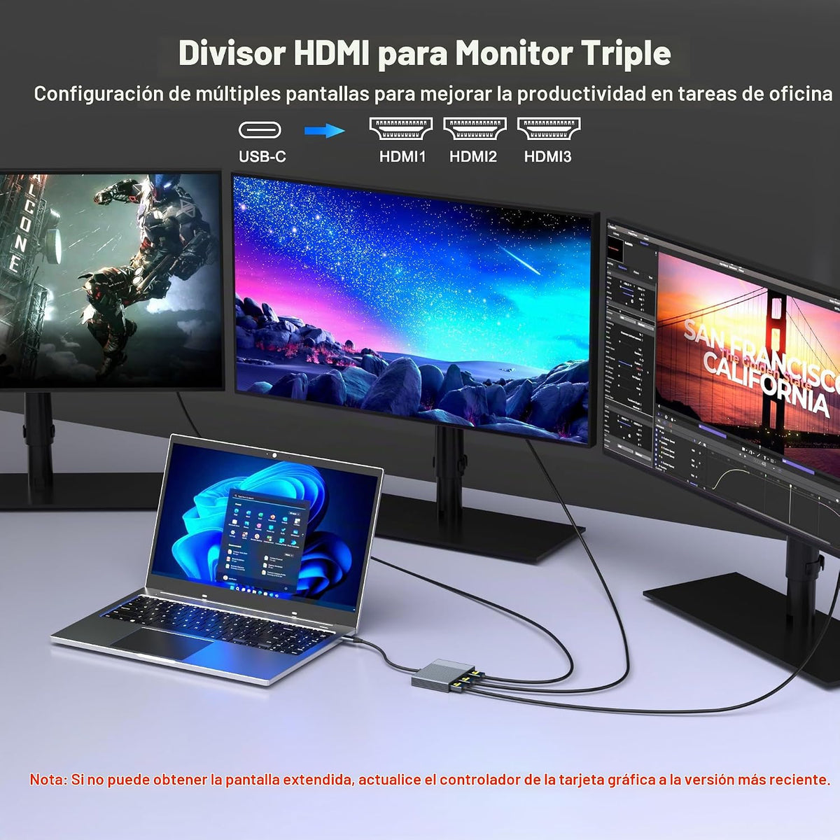 Adaptador USB C a 3 HDMI con PD 100W/USB3.0, 4K a 60Hz 3 vías HDMI Splitter Pantalla extendida para 3 monitores, estación de acoplamiento de monitor triple para laptop Dell/HP/Mac, concentrador SST