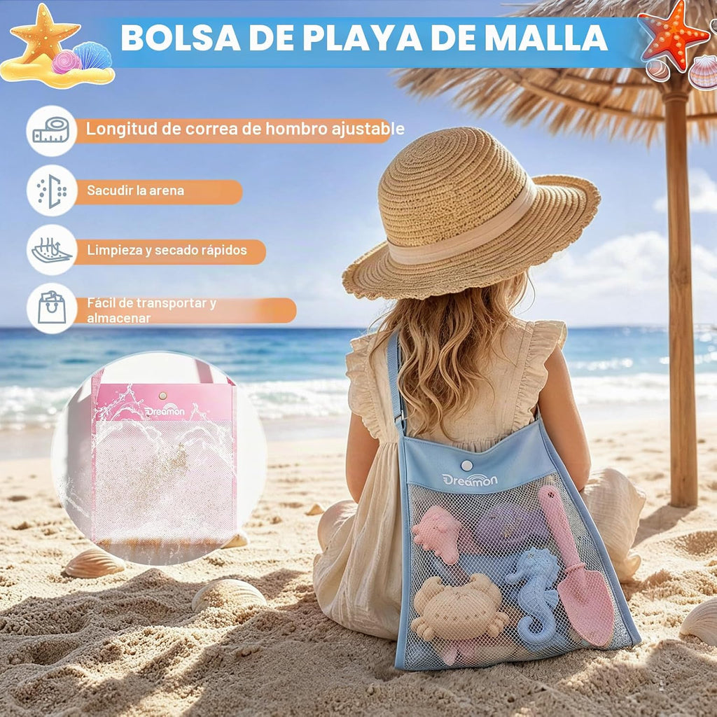 Juego de palas de playa y bolsa de malla para niños, set de 3 cubos plegables para arena