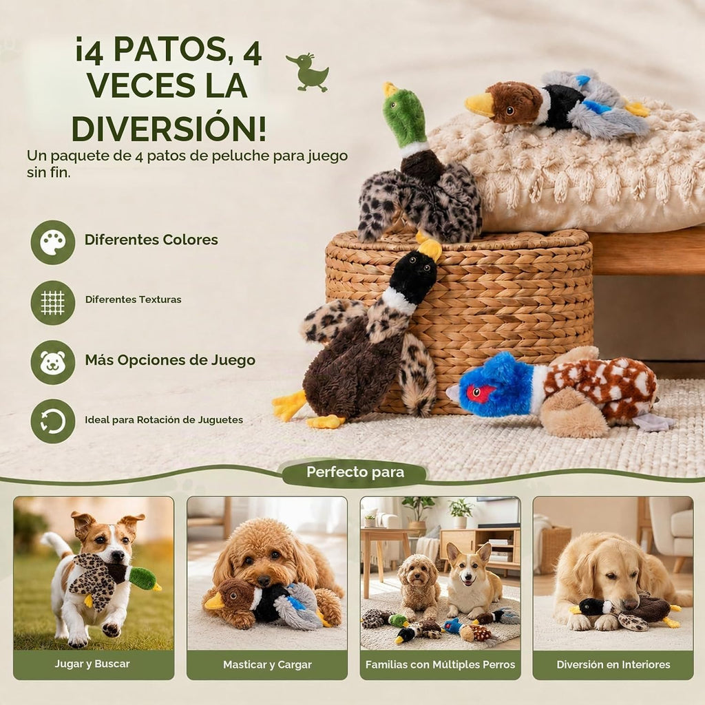 Juguetes de pato para perros sin relleno, paquete de 4 juguetes de peluche chirriantes para perros, juguetes para cachorros sin relleno para perros pequeños y medianos, juguetes suaves para