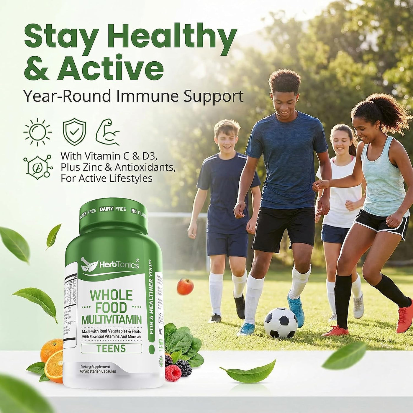 Herbtonics Whole Food Vitaminas adolescentes para energía, concentr...