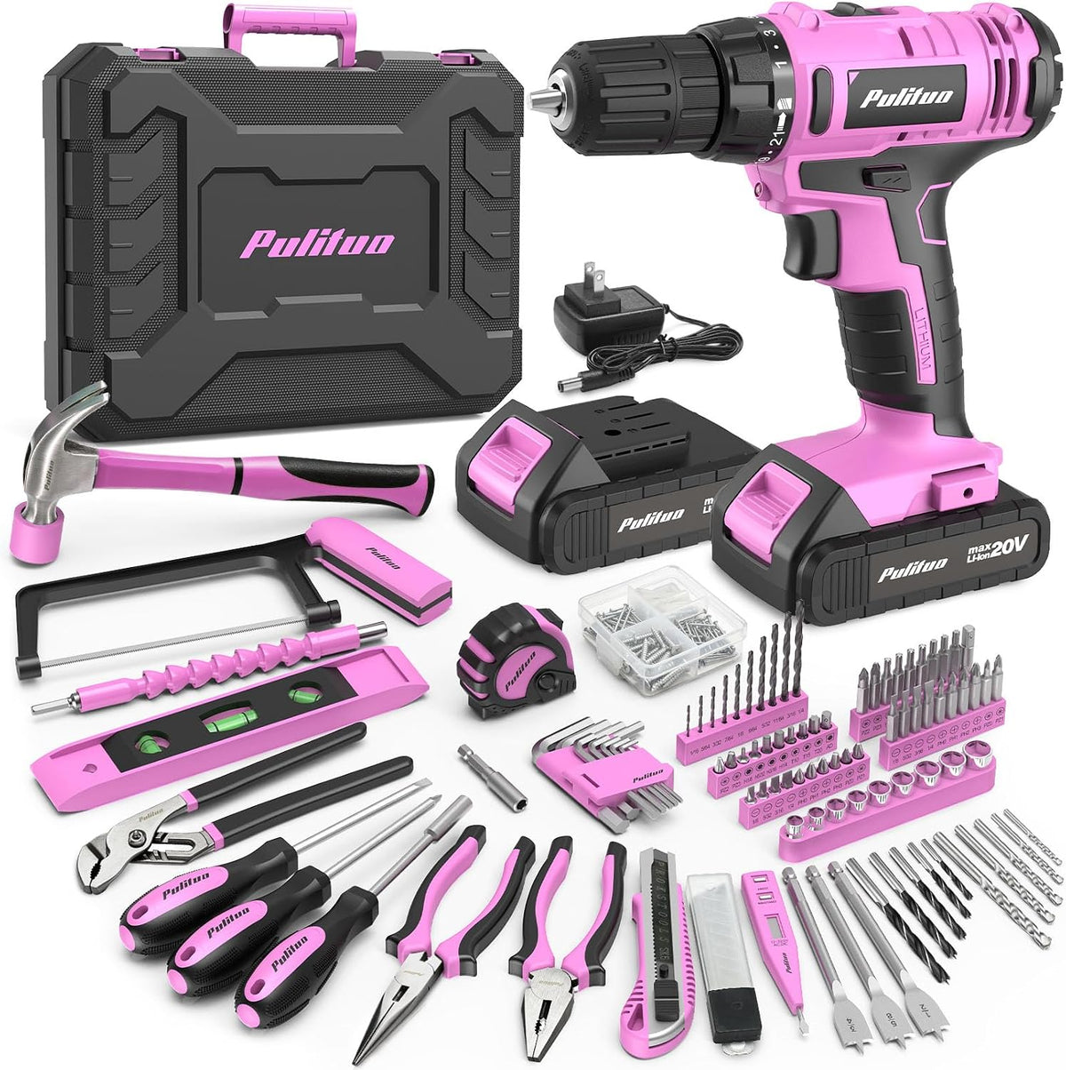 PULITUO Kit de herramientas de taladro eléctrico con taladro/destornillador inalámbrico de 20 V, destornillador eléctrico, 2 baterías y cargador, luz LED, juego de herramientas de bricolaje rosa para
