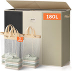 SOLEDI Cesta de lavandería de 3 secciones de 180L con tapa, cesta de ropa sucia extragrande con asas resistentes para lavandería y dormitorio, organizador duradero para clasificar la ropa sucia