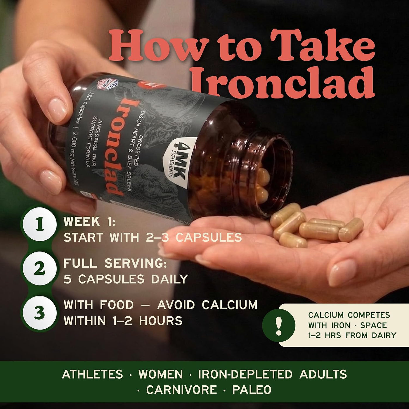 MK Supplements IRONCLAD | Cápsulas de corazón de bazo de res y biso...