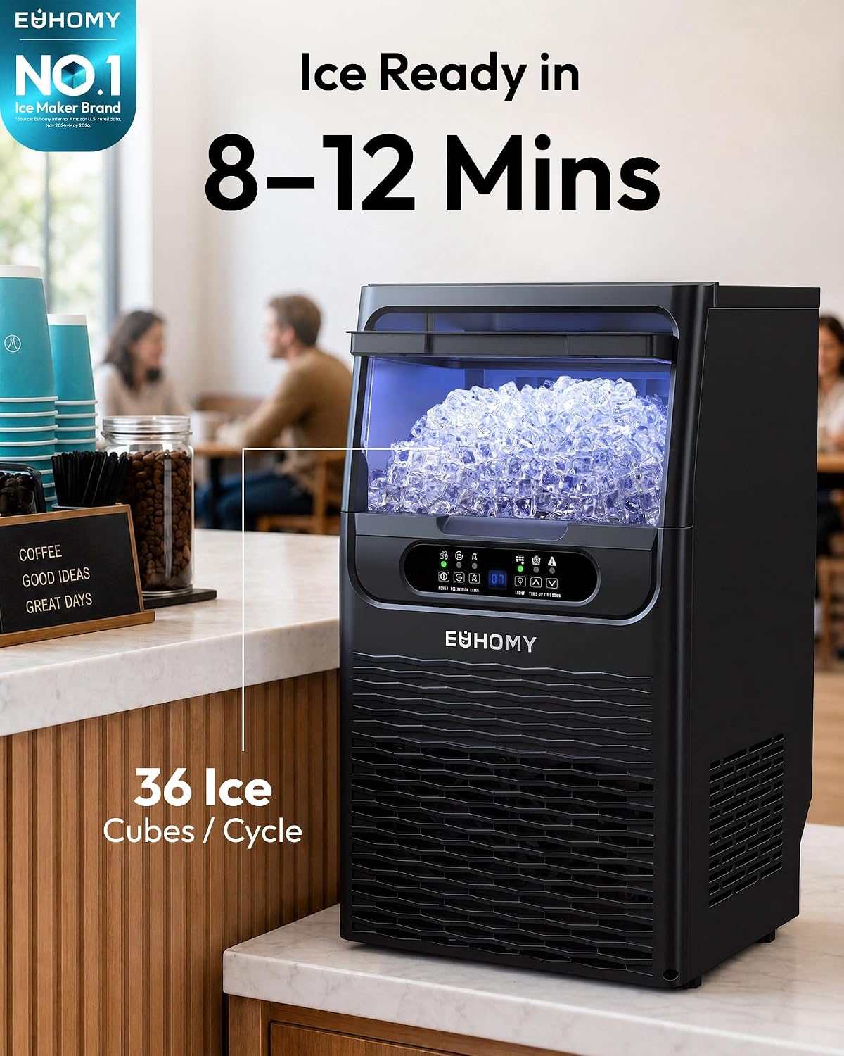 EUHOMY Máquina comercial para hacer hielo, 80 libras/24 horas, 36 cubitos de hielo en 8-12 minutos, máquina de hielo debajo del mostrador con filtro de agua, capacidad de almacenamiento de 12 libras