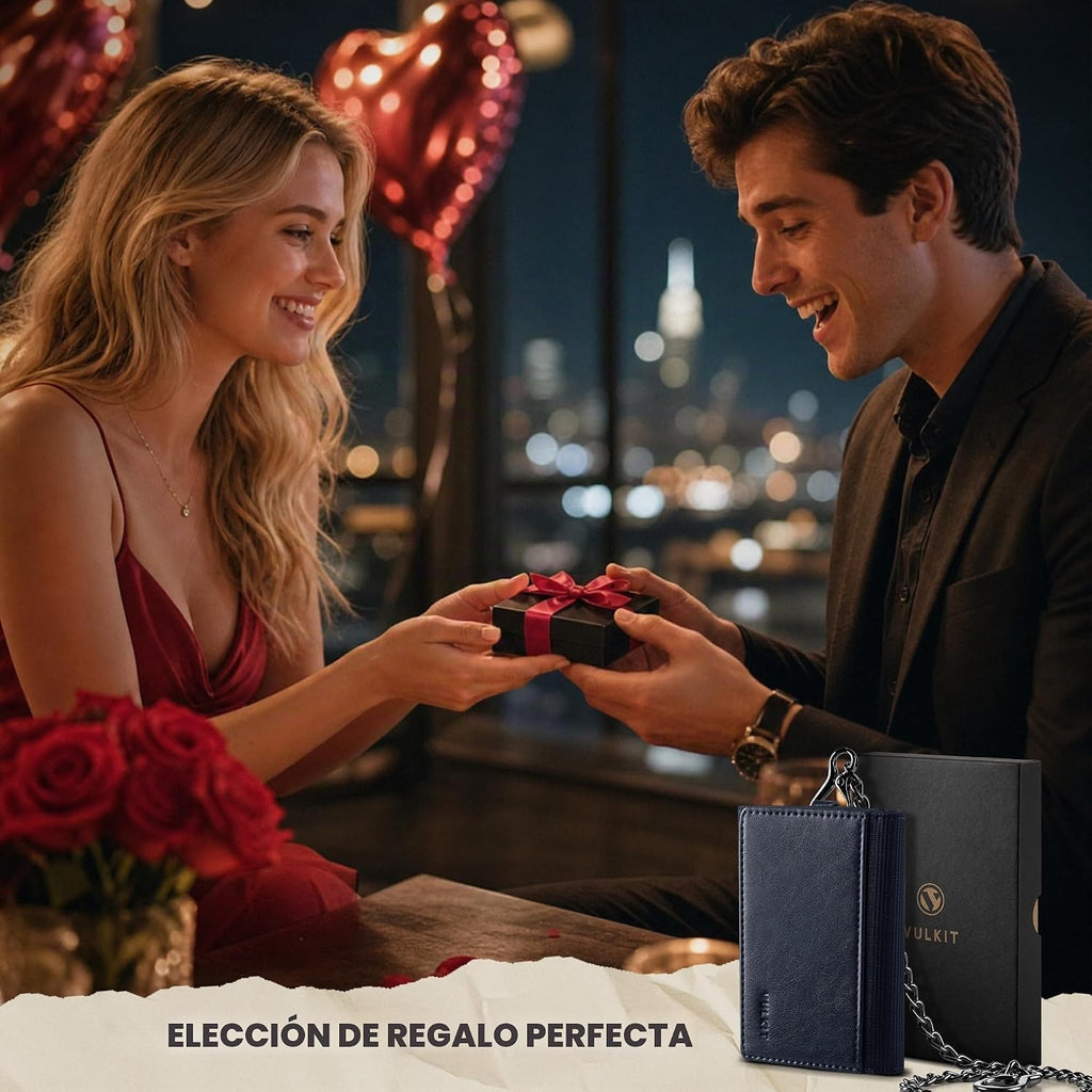VULKIT Billetera para hombre con cadena antirrobo con bloqueo RFID, billetera triple plegable, diseño elegante, Azul marino, Cartera antirrobo
