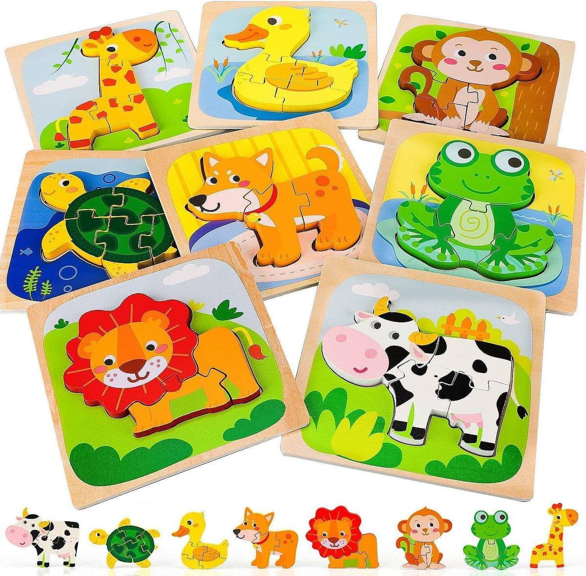 TOY Life Paquete de 15 rompecabezas de madera para niños pequeños, incluye 7 rompecabezas de dinosaurios, 8 rompecabezas de animales