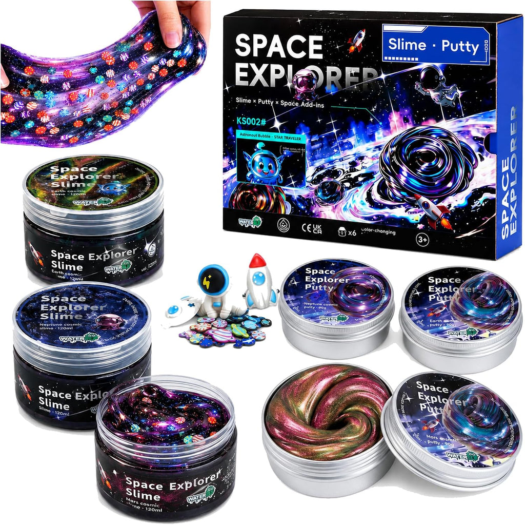 Kit de slime y masilla Galaxy para niños, 6 frascos de tamaño completo, 3 x 4 onzas líquidas de slime cósmico y 3 masillas que cambian de color de 3.2 onzas con complementos espaciales