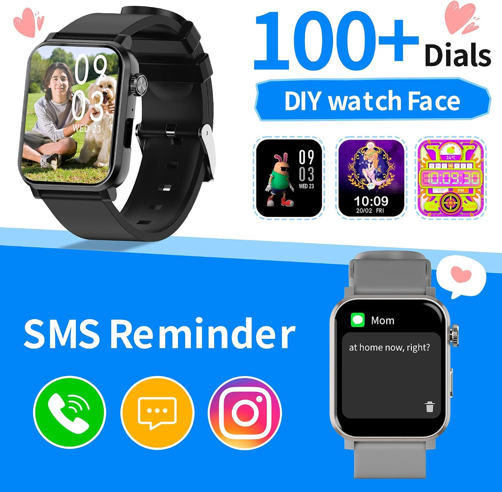 Reloj inteligente para niños y niñas, reloj HD de 1.83 pulgadas con función de llamada, juegos, podómetro, frecuencia cardíaca, SpO2, monitor de sueño y estrés, más de 120 modos deportivos
