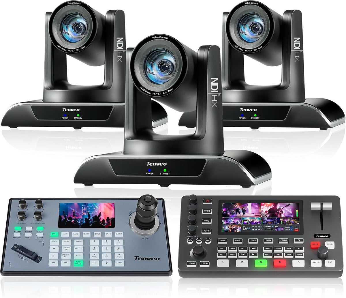 Tenveo Paquete de cámara PTZ/Kits - Cámara PTZ de seguimiento automático NDI AI de 20X (3 piezas) con HDMI/USB3.0/LAN (PoE), controlador de joystick NDI PTZ y mezclador de conmutador de video HDMI 4K + SDI para transmisión de gran rendimiento