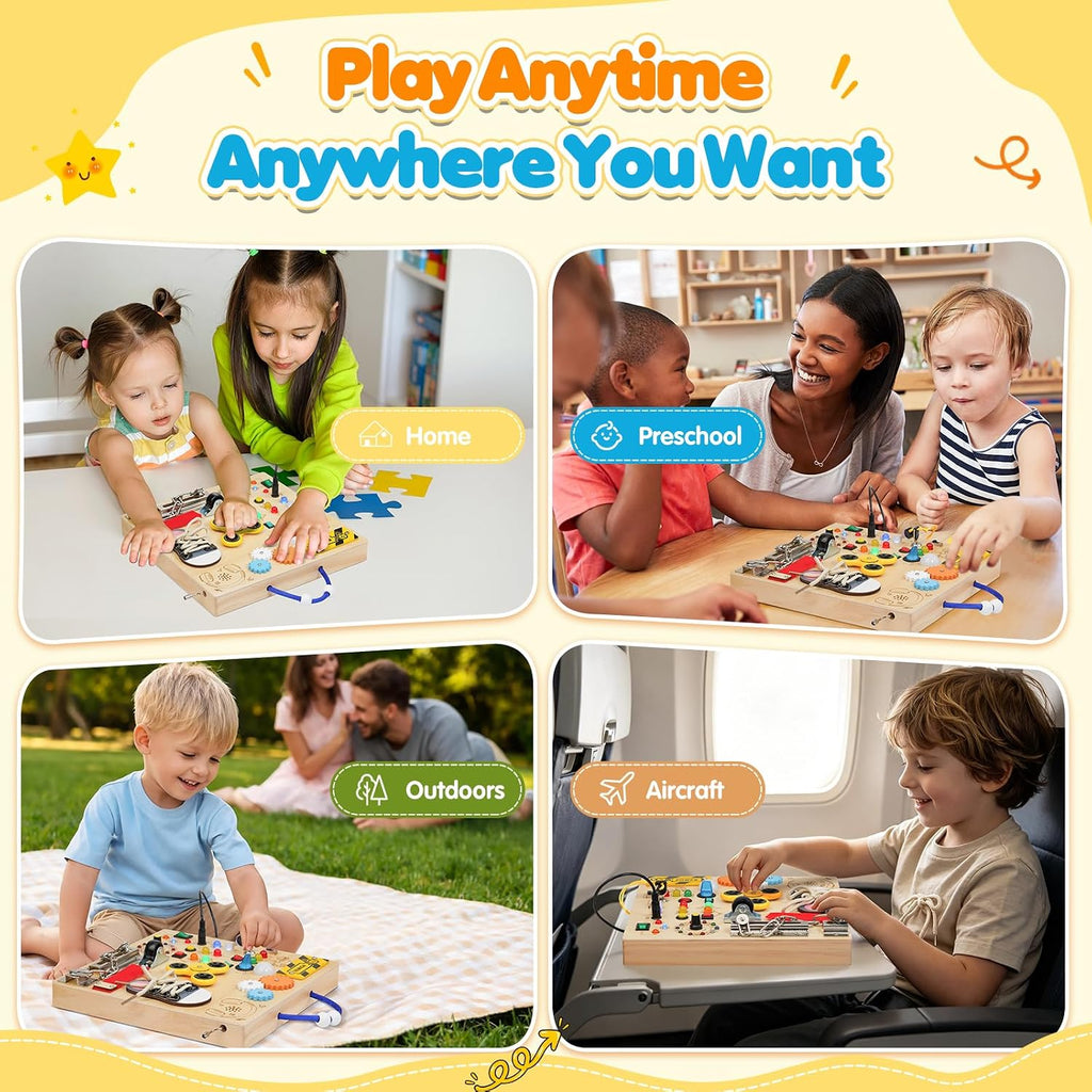 Tablero de actividades para niños pequeños - Juguetes Montessori para niños de 1, 2, 3 años, tablero de actividades sensoriales de madera, juguete de tablero antiestrés con interruptores y cajas de