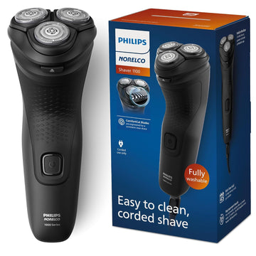 Philips Norelco Shaver Serie 1100, afeitadora eléctrica seca, 27 cuchillas ComfortCut autoafilables, cabezales flotantes 4D, tapa P, negro profundo, modelo S1016/90