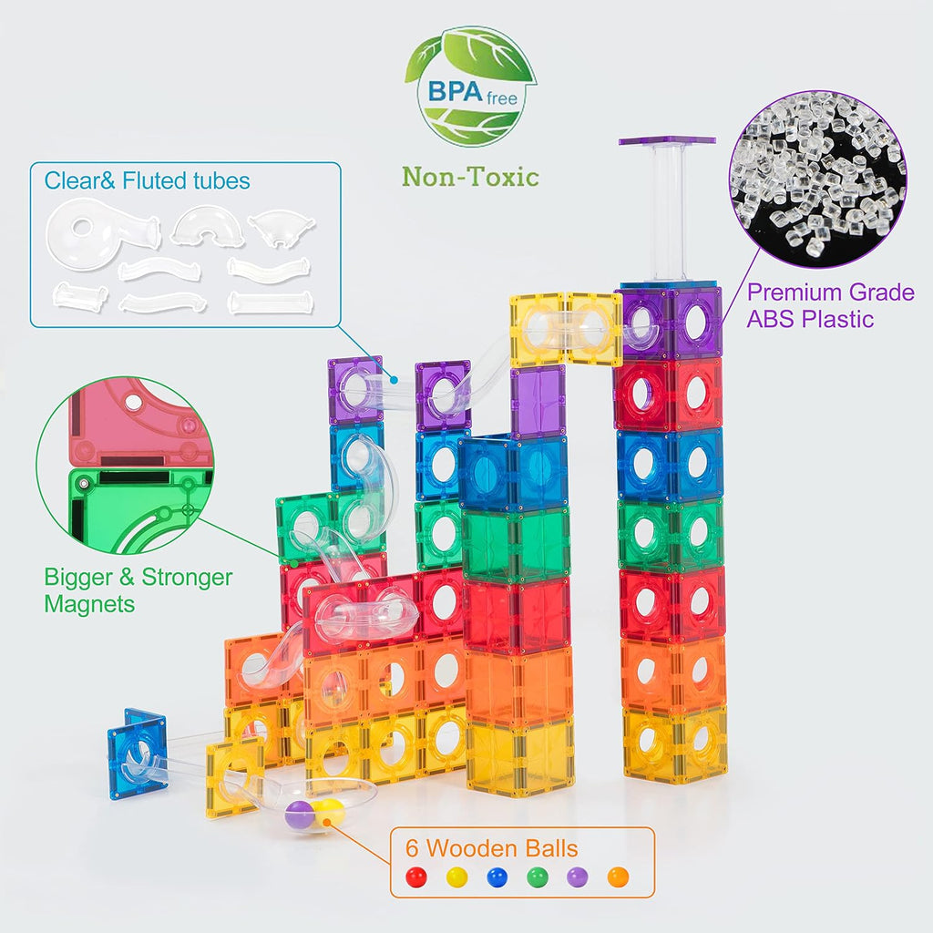MEGAGONTILES Juego de azulejos magnéticos Marble Run de 120 piezas | Bloques de construcción magnéticos autenticados por STEM con piezas de pista de mármol | Juguete educativo de construcción para niños de 3 a 8 años (niños y niñas)