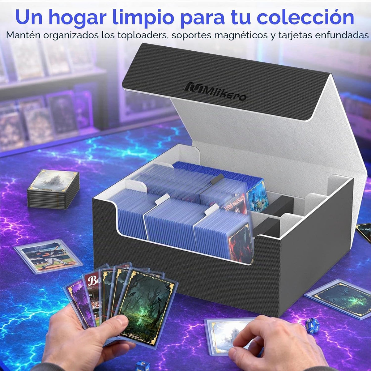 Mlikero Funda para tarjetas coleccionables de 1800 +, caja de almacenamiento para tarjetas intercambiables, compatible con toploader y soporte magnético, caja de cubierta de cuero con cierre magnético