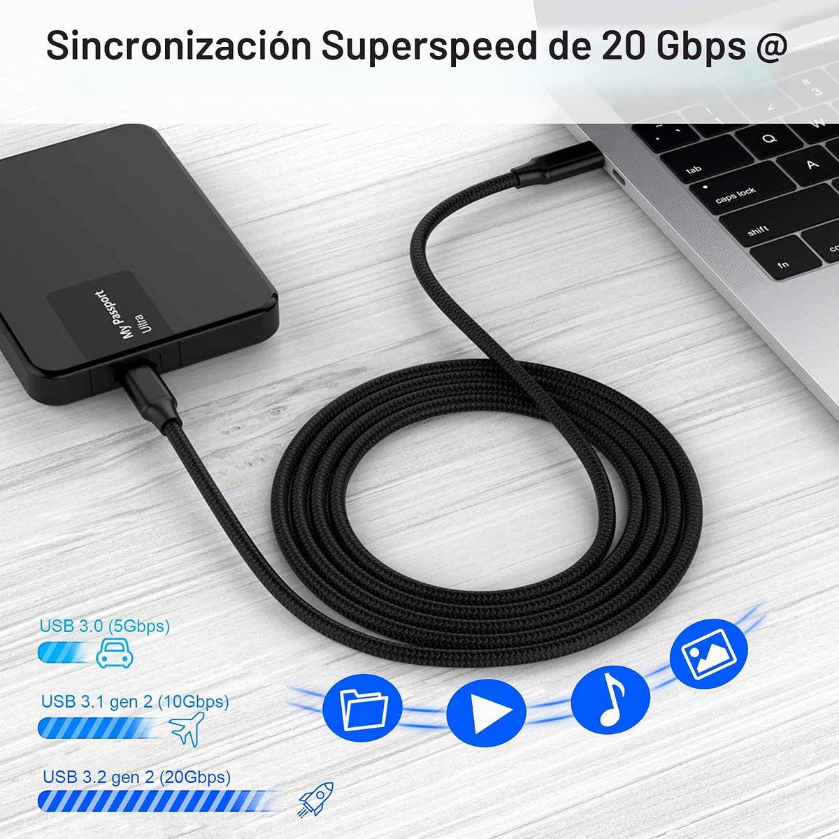 Cable USB C USB C, cable USB-C 3.2 de 16.5 pies, 100 W, 4K UHD, 20 Gbps