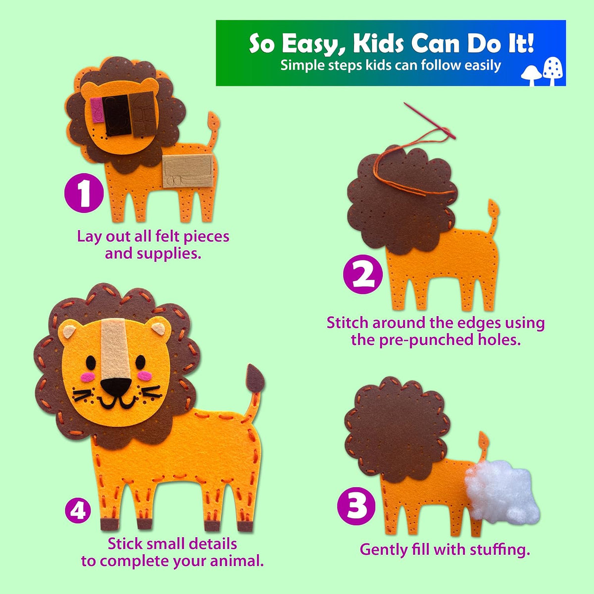 Sii Pikki Kit de costura para niños – 9 proyectos fáciles de animales de safari, kit de costura para principiantes con fieltro e instrucciones, kit de costura para niños de 6 a 12 años, aprende a