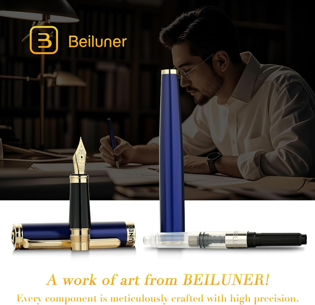 BEILUNER - Pluma estilográfica azul, detalles de oro de 24 quilates