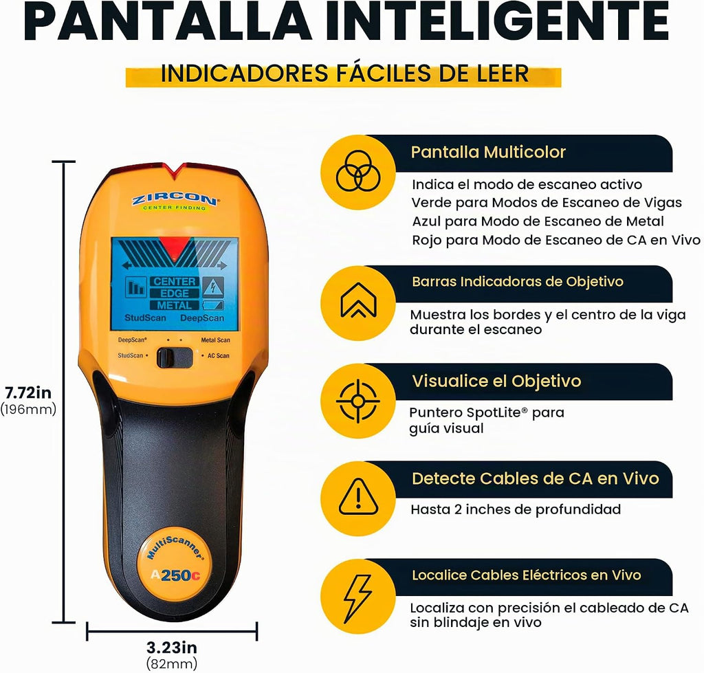 Zircon® MultiScanner™ A250c Buscador de pernos para madera y metal, pantalla mejorada