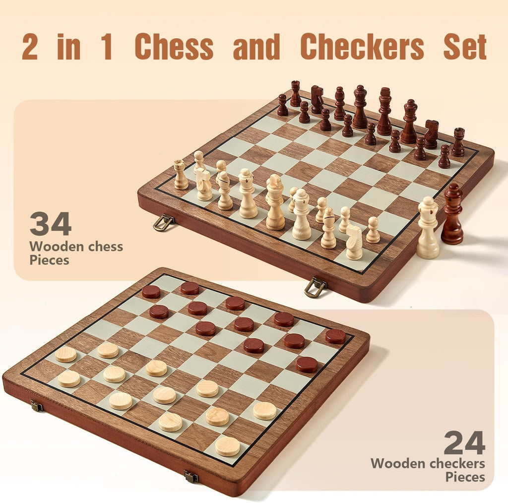 MerryPony 2 en 1 Magnetic Wooden Chess & Checkers Set, 15" Foldable Board