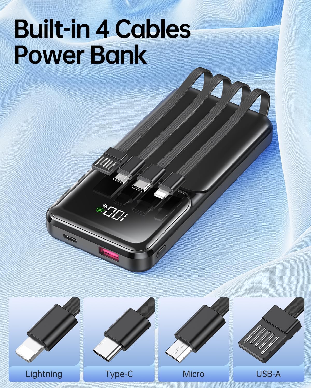 RONEGN Cargador portátil con cable integrado, Negro, 10000.0 milliamp_hours