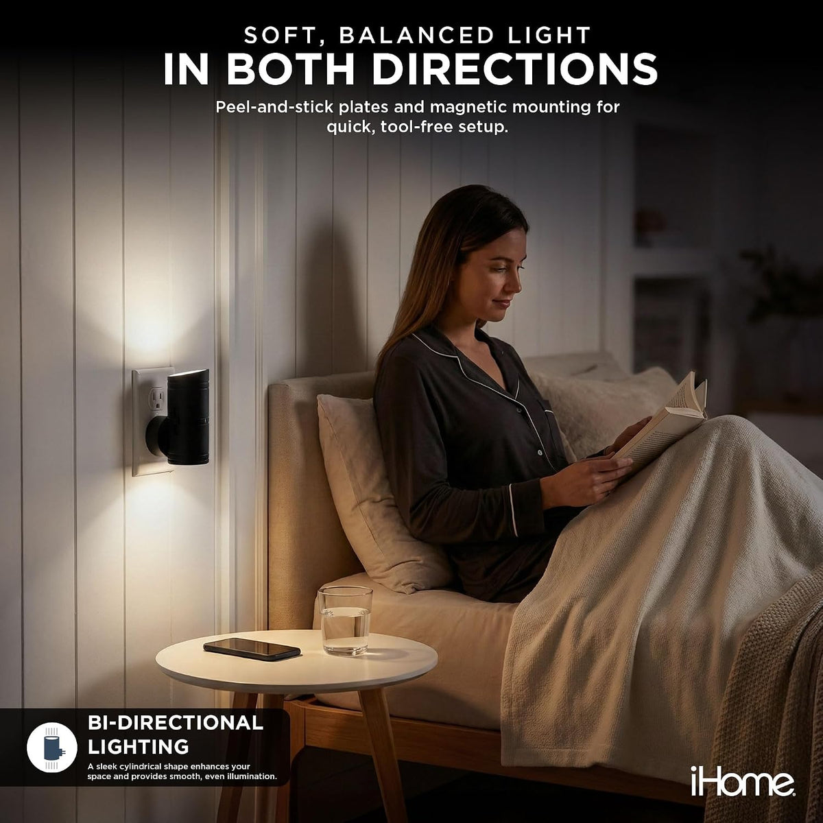 iHome Luz nocturna enchufable regulable bidireccional, brillo cálido, sensor inteligente, brillo ajustable
