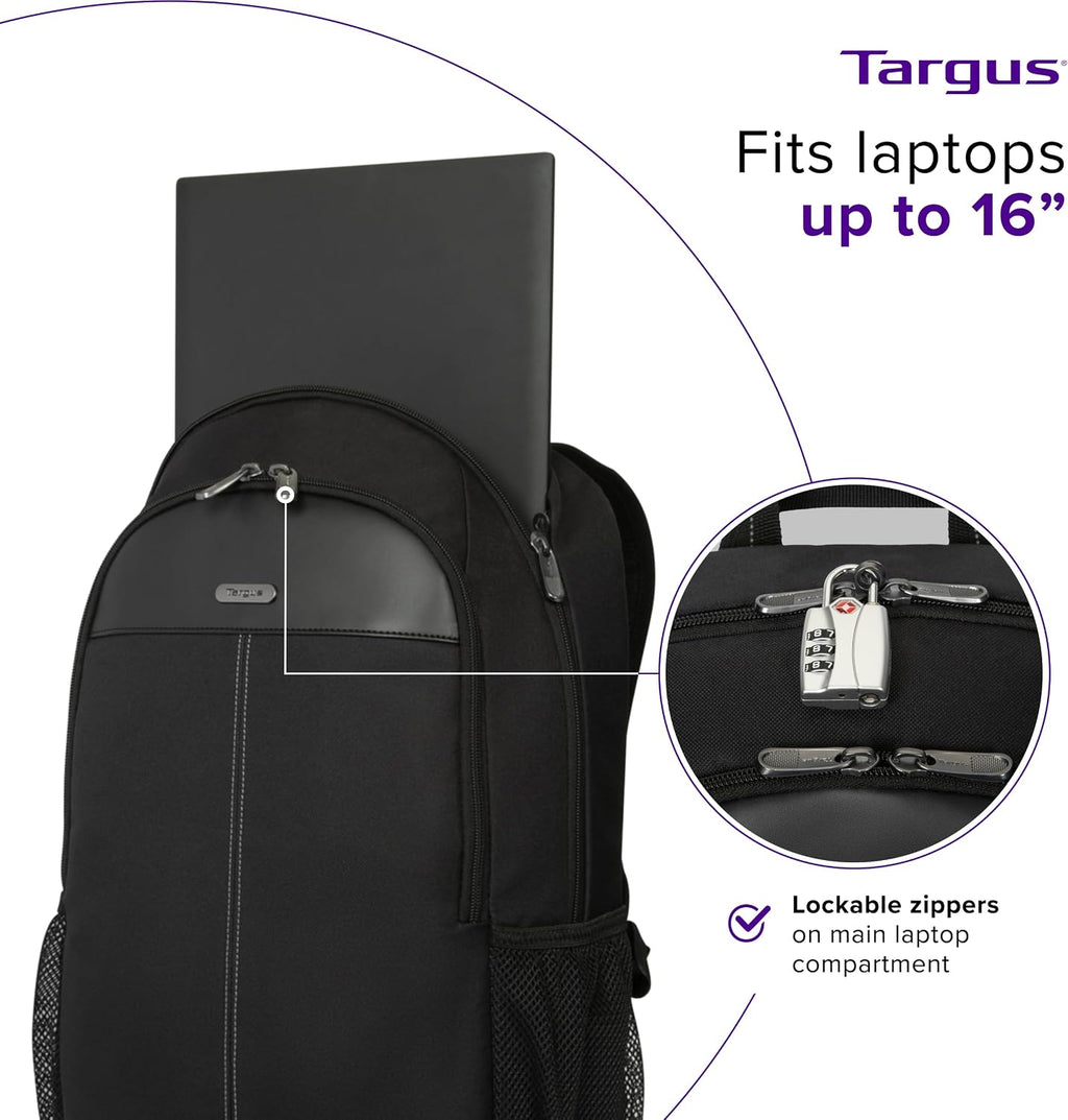 Targus Mochila clásica para laptop de 15 a 16 pulgadas, se adapta a la mayoría de portátiles de hasta 16 pulgadas, mochila de viaje acolchada para viajeros de negocios, universidad y viajes (TBB943GL)