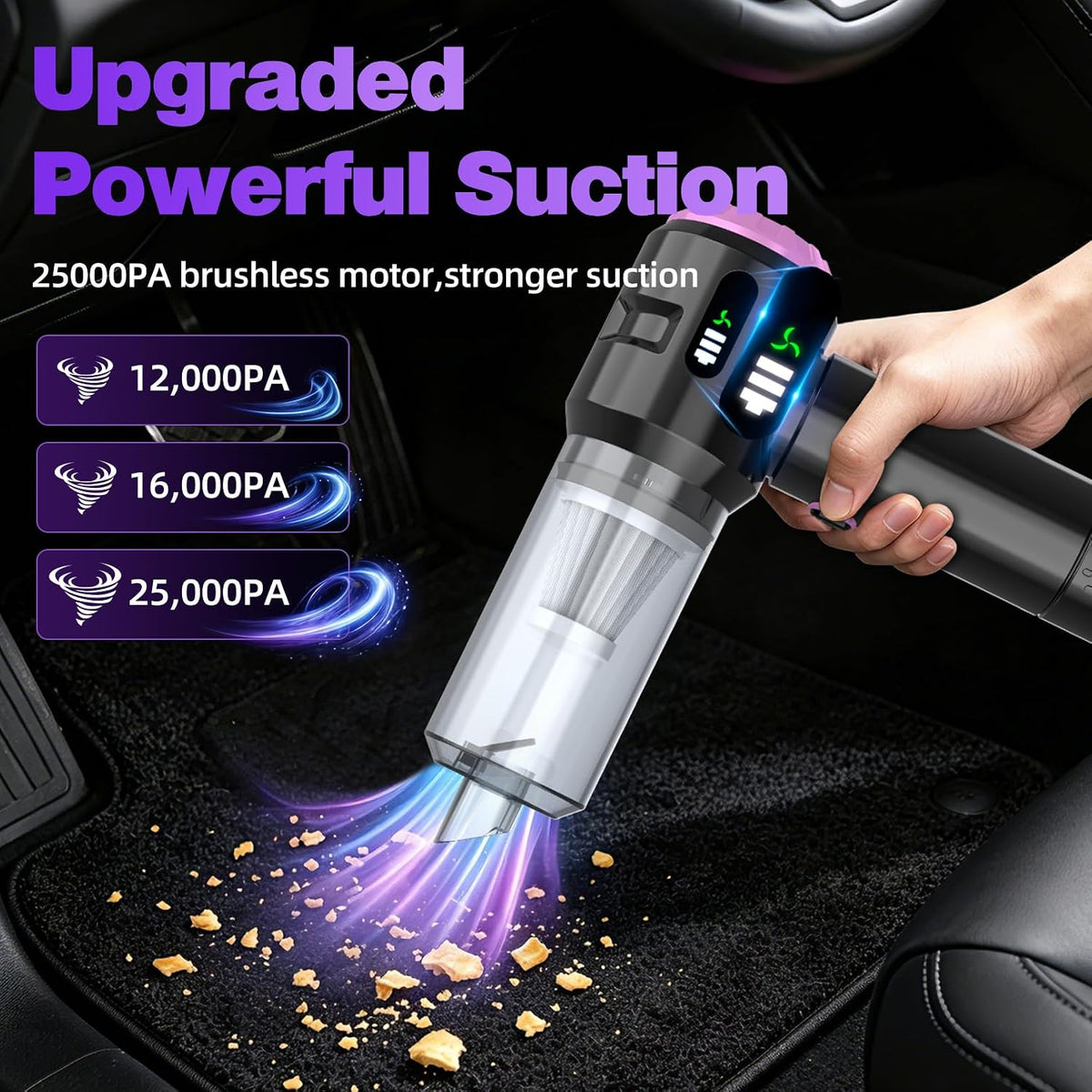 Wansimoo Aspiradora de mano para automóvil, 25000 PA, fuerte succión ciclónica, portátil, inalámbrica con pantalla digital, mini aspiradora para automóvil, hogar, oficina, cocina (morado)