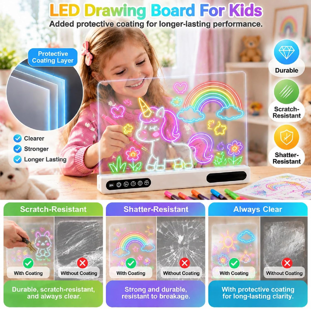 Tablero de dibujo LED recargable para niños: 20 horas de duración de la