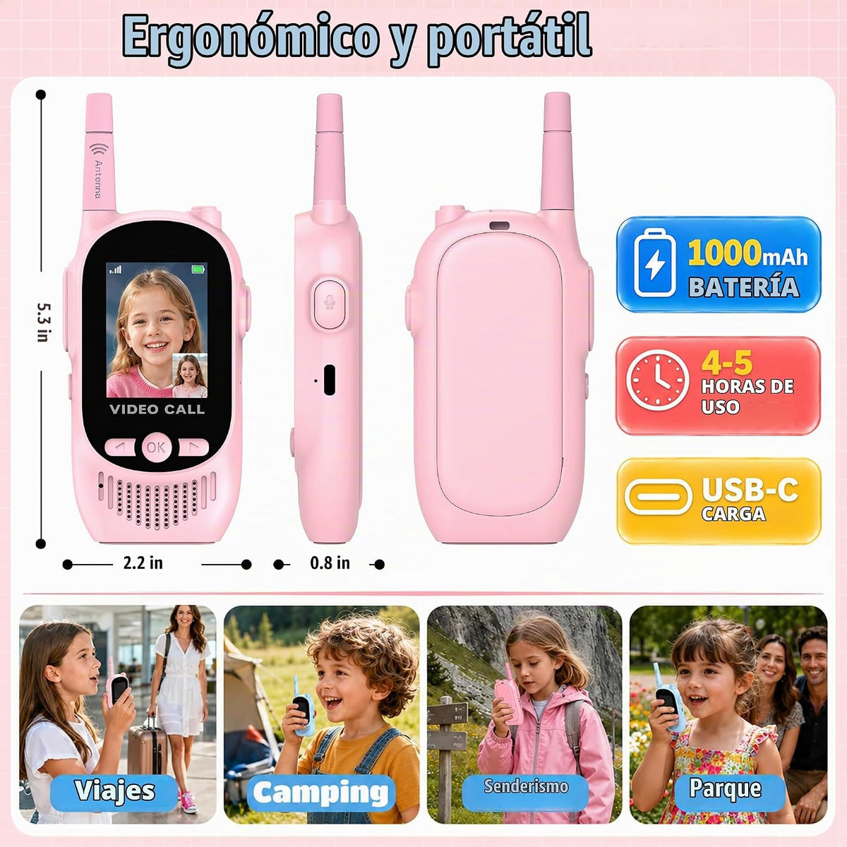 Walkie Talkies de video para niños, paquete de 2 juguetes recargables para cámara y pantalla, chat de campamento de largo alcance para interiores y exteriores, radios bidireccionales, regalos de