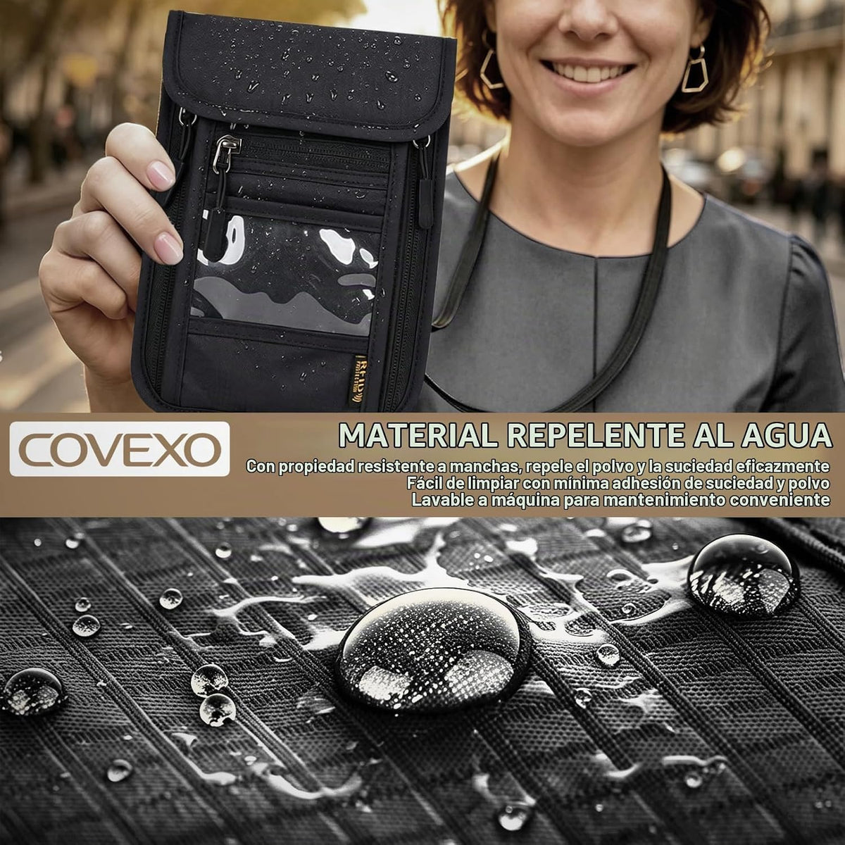 Cartera de cuello con bloqueo RFID, bolsa oculta para pasaporte de viaje, oculta debajo de la ropa, seguridad antirrobo, ajustable y ligera para vacaciones, aeropuertos, Negro, Bolsa de cuello