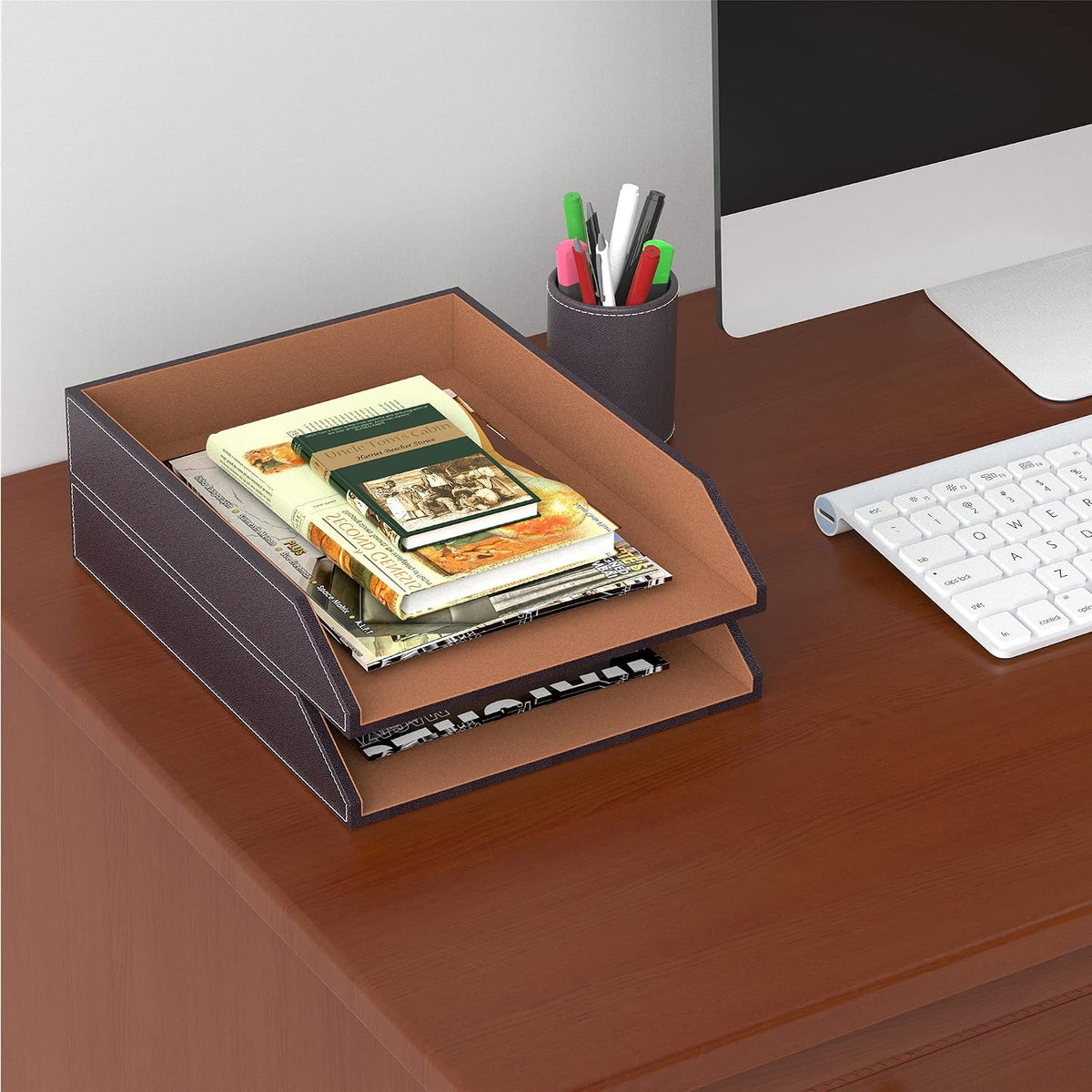 Bandeja de cuero para cartas, organizador de escritorio apilable para suministros de oficina, papel, archivo, revista, organización de oficina perfecta para escritorio (marrón-2 niveles)