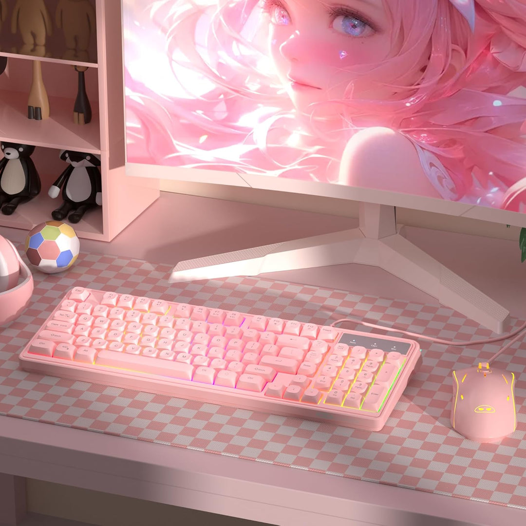 Combo de teclado y ratón rosa cremoso, MageGee GK980 - Teclado rosa...