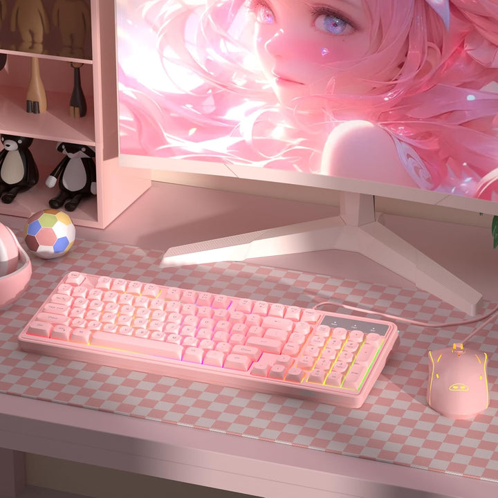 Combo de teclado y ratón rosa cremoso, MageGee GK980 - Teclado rosa...