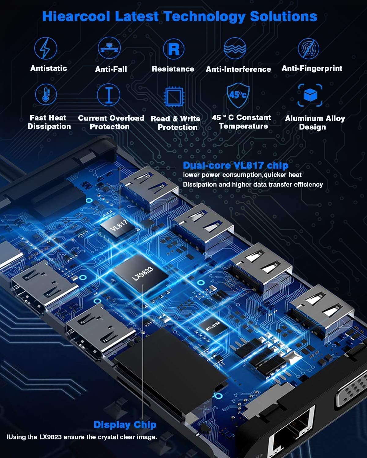 Hiearcool USB C Docking Station, 11-en-1 Dock, HDMI, VGA, Ethernet, Grey