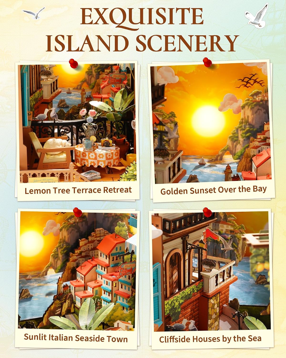 Rolife Kit de rincón de libros para bricolaje, Isla del atardecer, rompecabezas 3D con temática costera de puesta de sol, kit de casa en miniatura, árbol de limón y decoración de vista al mar para