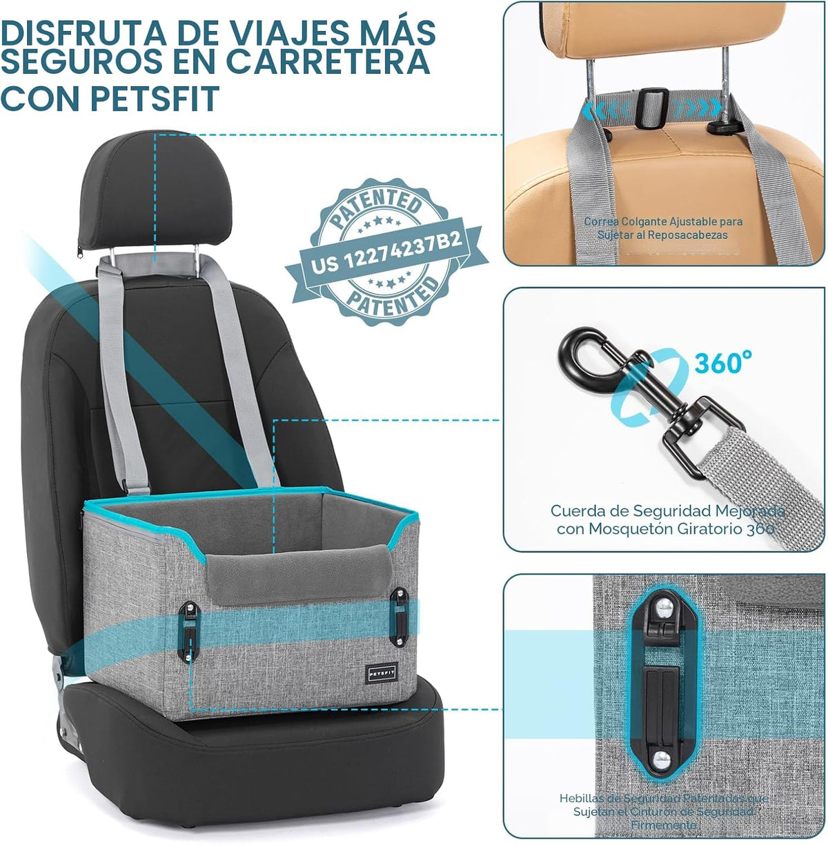 PETSFIT Asientos de coche para perros pequeños – Hebillas de seguridad patentadas – Correa de seguridad – Asiento plegable elevador para perro de viaje que reduce la ansiedad y los viajes por