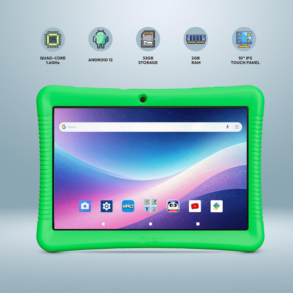 Contixo Paquete de tableta Android Kids de 10 pulgadas, 32 GB, con aplicaciones educativas épicas y Lingokids, controles parentales, funda a prueba de niños con soporte y lápiz capacitivo, auriculares y bolsa de funda, color verde