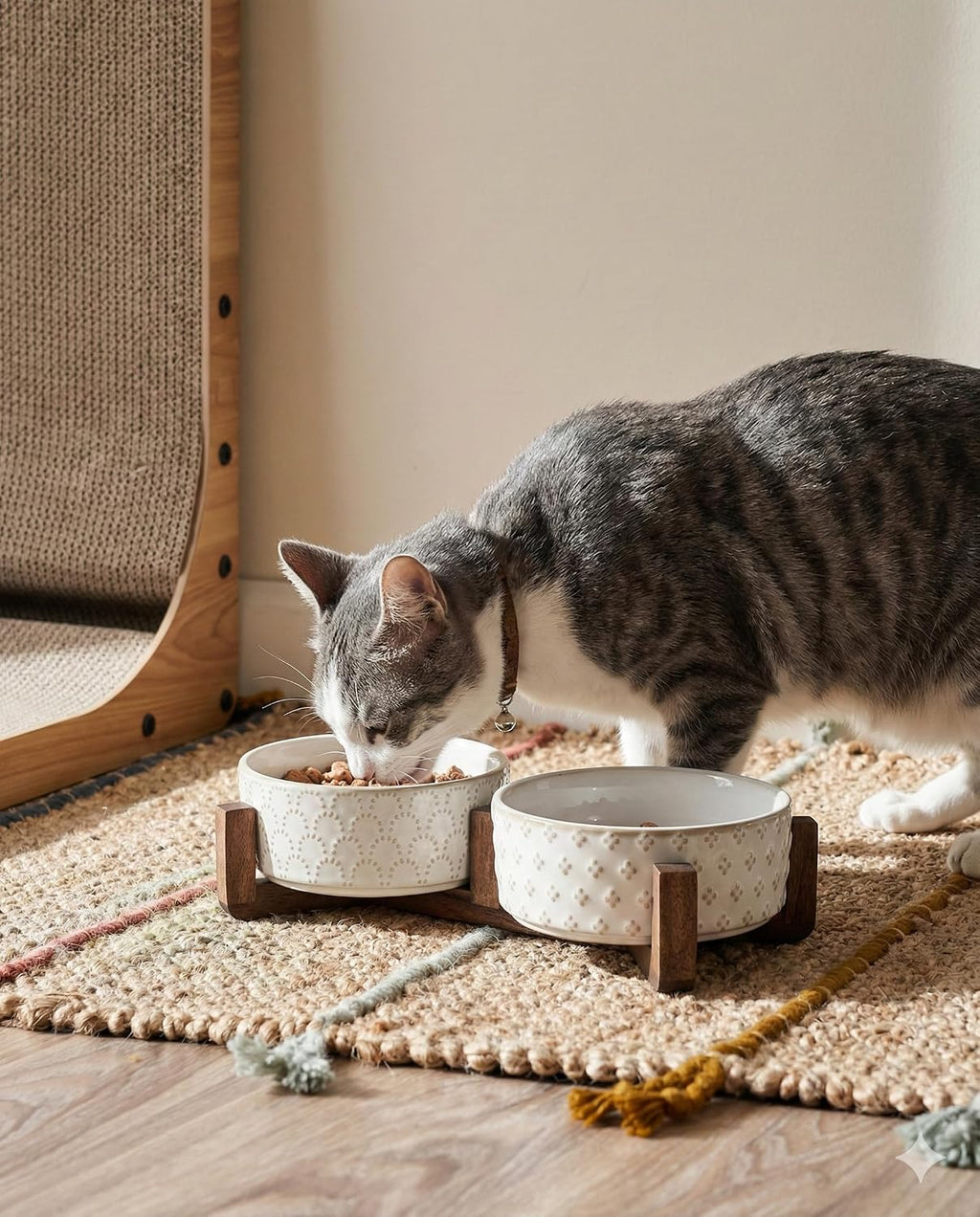 LE TAUCI - Juego de cuencos para perros con soporte de madera de acacia, cuencos de cerámica para cachorros de 1.8 tazas para perros pequeños, cuencos dobles para alimentos y agua con base
