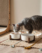 LE TAUCI - Juego de cuencos para perros con soporte de madera de acacia, cuencos de cerámica para cachorros de 1.8 tazas para perros pequeños, cuencos dobles para alimentos y agua con base