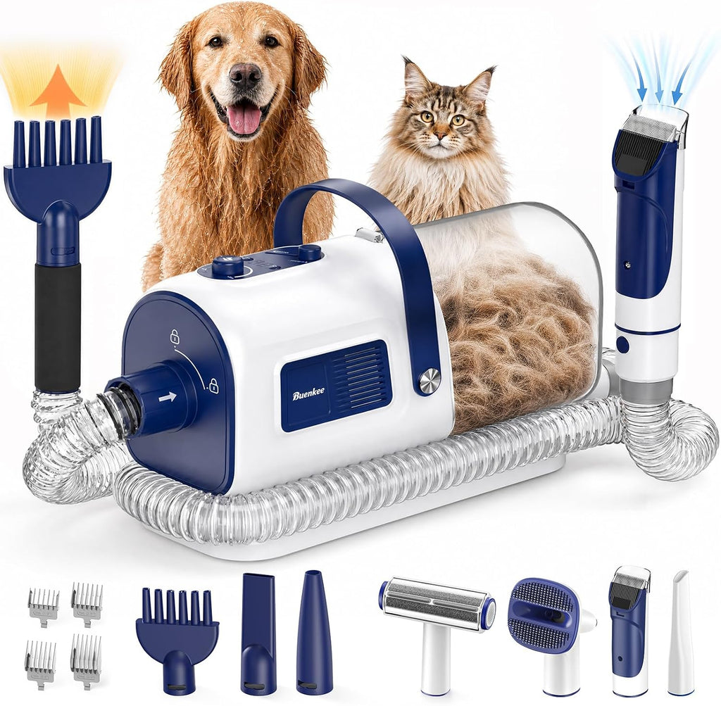 Buenkee Kit de Grooming para Perros: Aspiradora & Secador de Pelo 2 en 1, Cortapelos, Succión de 15000 Pa