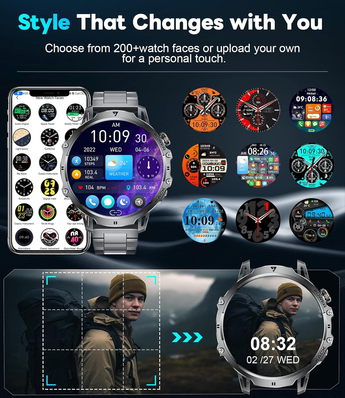 LIGE Relojes inteligentes militares para hombre (2 bandas), reloj inteligente de pantalla grande HD de 1000 mAh/1.85 pulgadas, linterna/más de 110 modos deportivos/monitor de sueño, reloj de