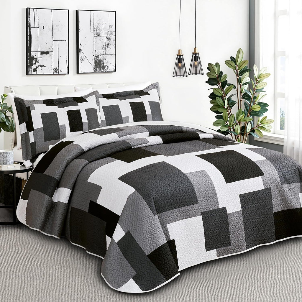 Juego de edredón de 3 piezas, color negro y gris, tamaño Full/Queen, juego de ropa de cama reversible geométrico negro y blanco, colcha ligera de microfibra con 2 fundas de almohada, fundas de