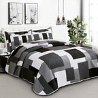 Juego de edredón de 3 piezas, color negro y gris, tamaño Full/Queen, juego de ropa de cama reversible geométrico negro y blanco, colcha ligera de microfibra con 2 fundas de almohada, fundas de