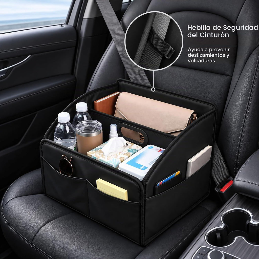 Organizador de Almacenamiento para Coche [ACTUALIZADO 2025] Cesta Caddy de Cuero para Coche para Piso del Asiento Delantero Asientos Traseros Mango de Metal 6 Compartimentos Hebillas de Correas