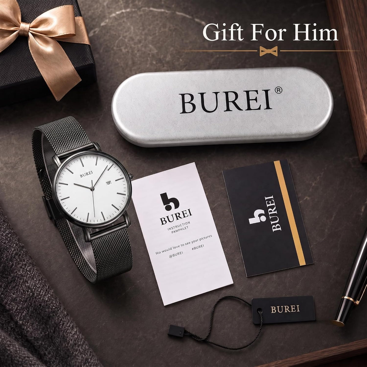 BUREI Relojes de pulsera para hombre, relojes minimalistas de moda, analógicos de cuarzo, impermeables para hombres