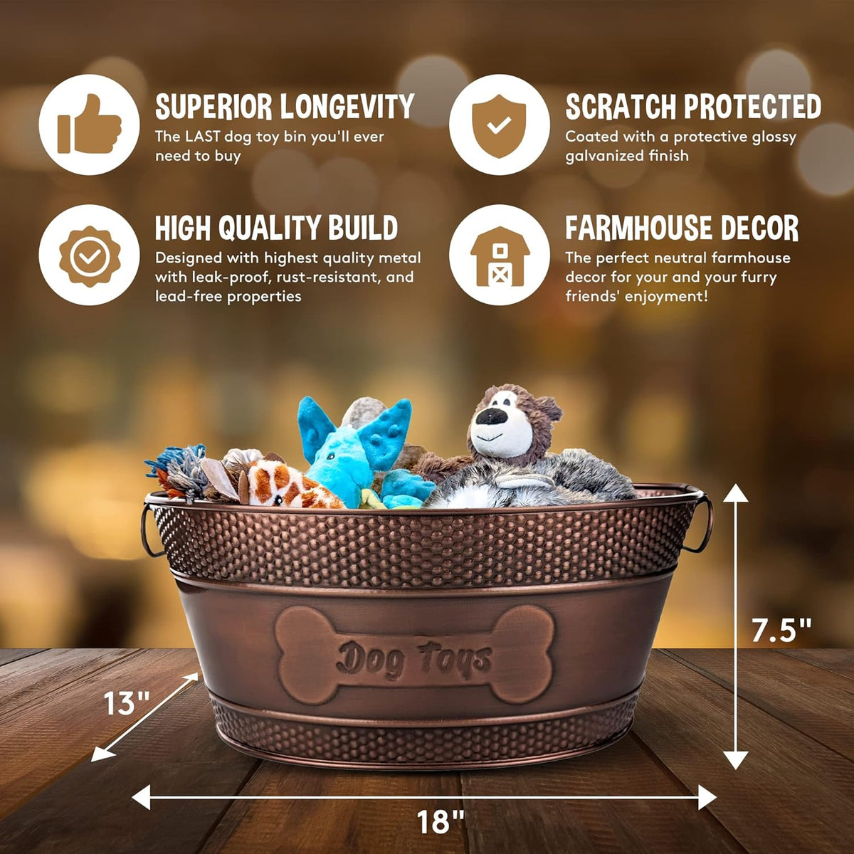 BREKX Contenedor para Juguetes y Alimentos de Mascotas en Metal Cobre con Asas, Indestructible